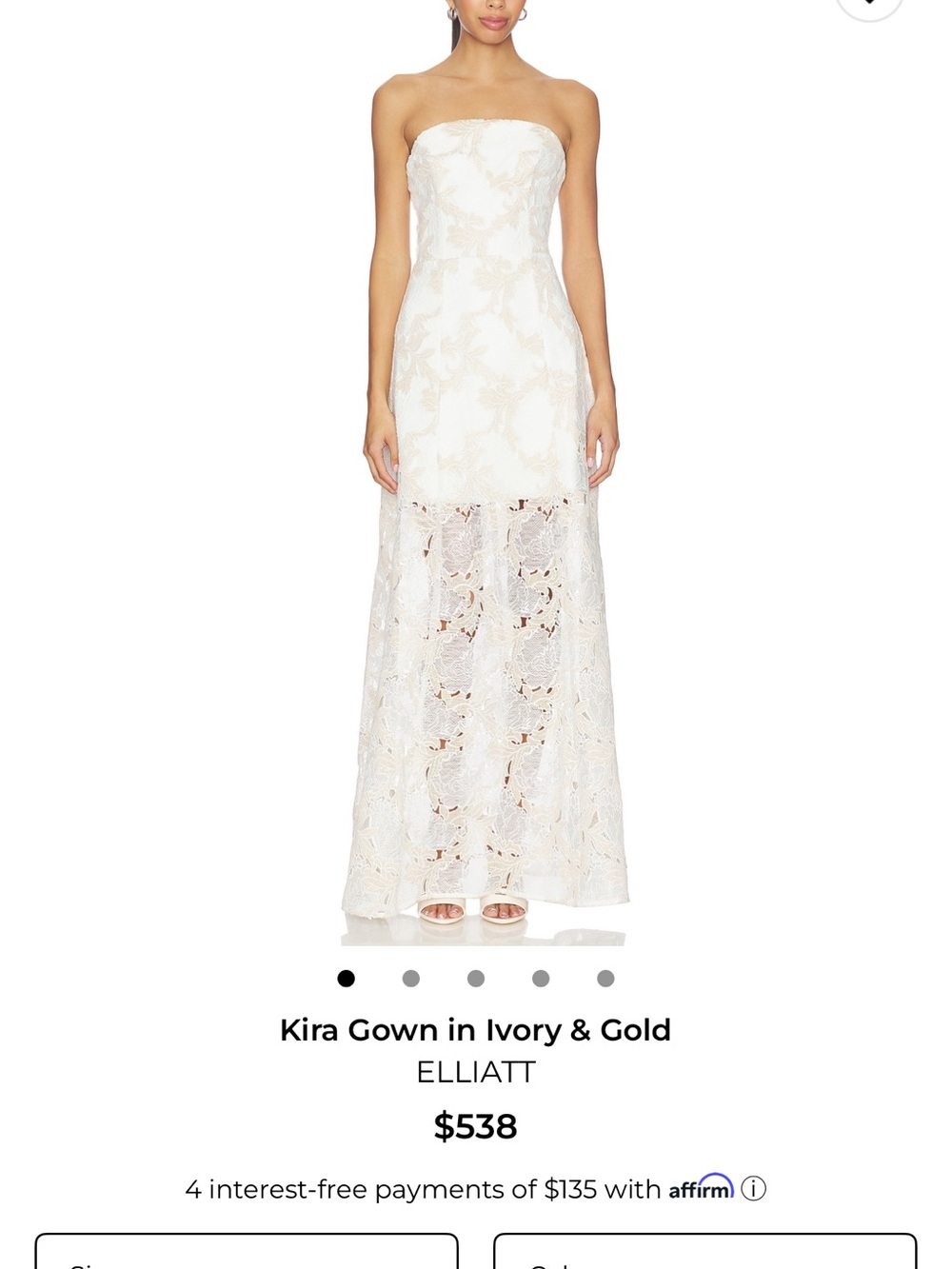 Elliatt Strapless Lace Gown in Ivory and Gold